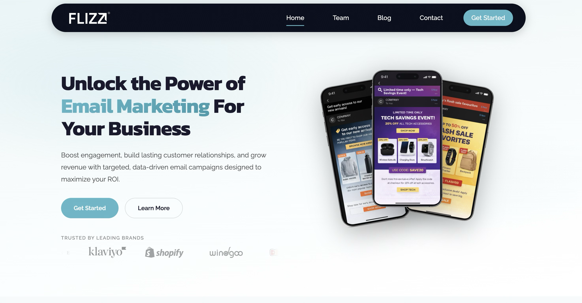 Flizz homepage with email marketing hero and trusted-brand logos